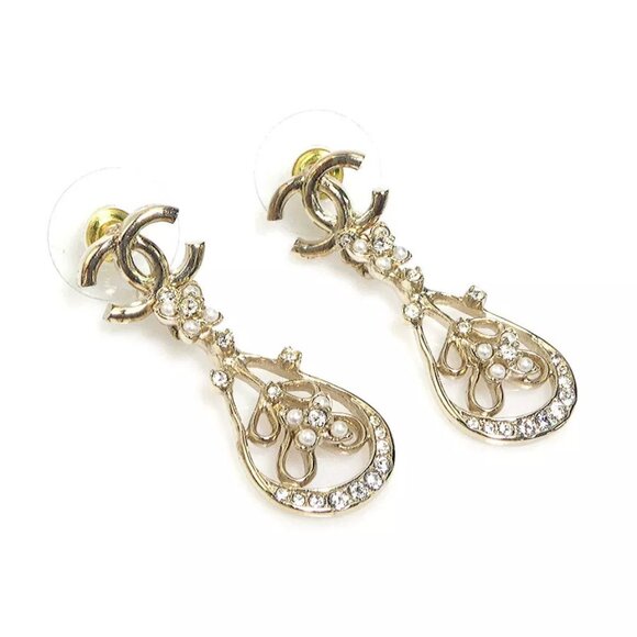 Auth CHANEL CC Logo Pierce Earrings Gold/Silver/White Metal/Rhinestone - Picture 1 of 8